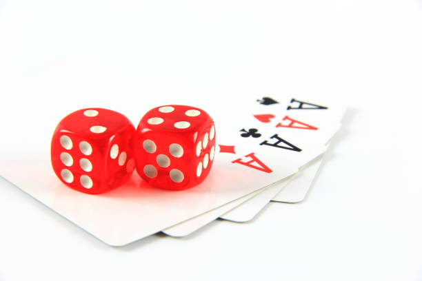 Dice and poker cards on white background